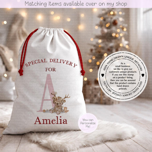 Personalised Christmas Sack – Teddy Bear Reindeer Initial Design | 70 x 50cm | Custom Name Gift Bag - Santa Sack - Various Colours