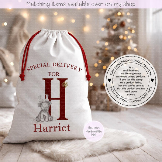 Personalised Reindeer Christmas Sack – Teddy Reindeer Initial Design | 70 x 50cm | Custom Name Gift Bag - Santa Sack - Various Colours