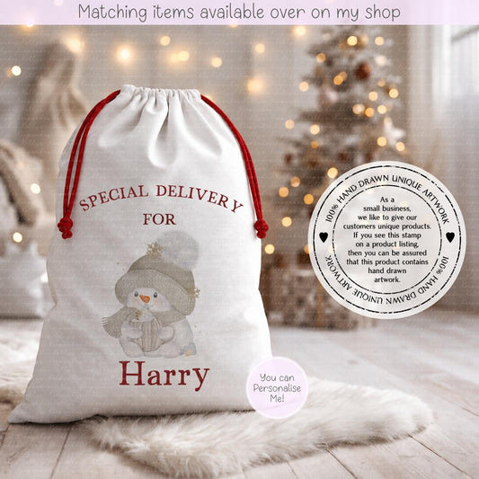 Personalised Snowman Christmas Sack – Winter Snowman Snowflake Design | 70 x 50cm | Custom Name Gift Bag - Santa Sack