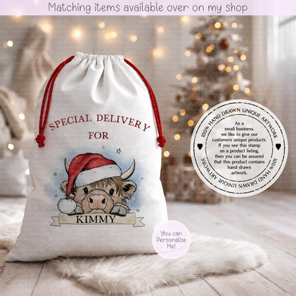 Cute Christmas Higland Cow personalised Santa sack - Christmas Sack - 70 x 50 cm - custom name