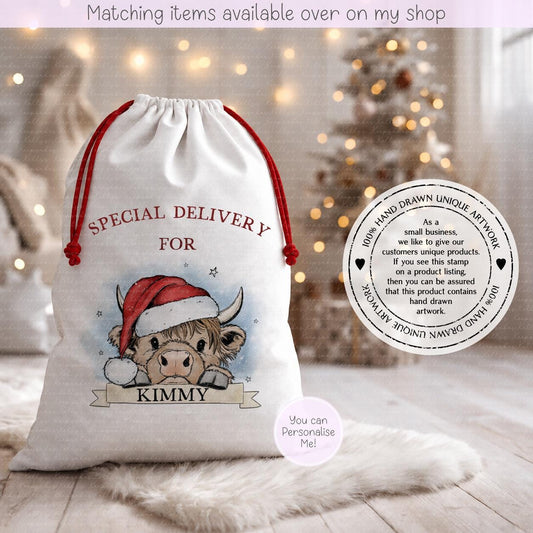 Cute Christmas Higland Cow personalised Santa sack - Christmas Sack - 70 x 50 cm - custom name