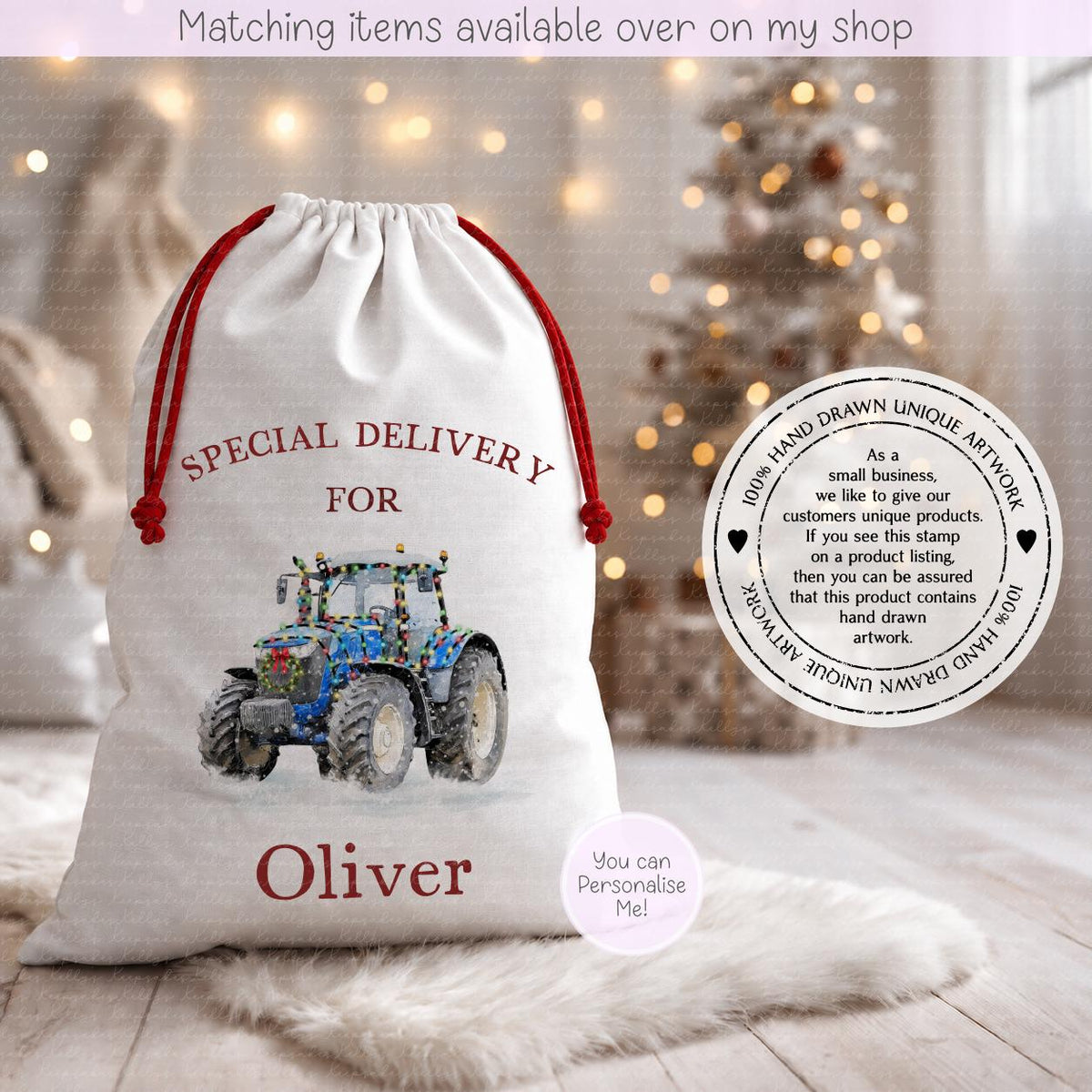 Personalised Festive Tractor Christmas Sack – Snowy Hand drawn Tractor Design | 70 x 50cm | Custom Name Gift Bag - Santa Sack
