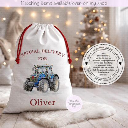 Personalised Festive Tractor Christmas Sack – Snowy Hand drawn Tractor Design | 70 x 50cm | Custom Name Gift Bag - Santa Sack