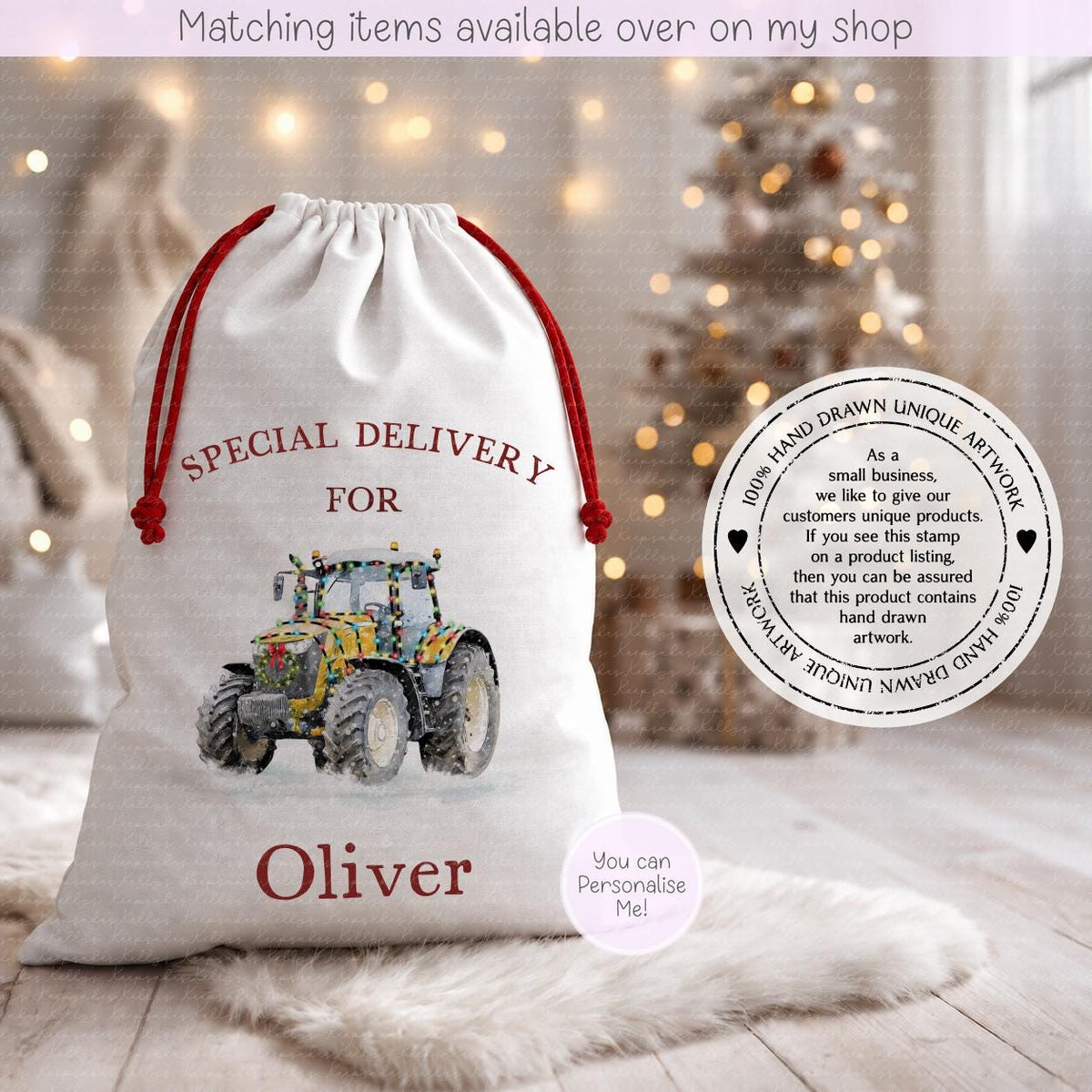 Personalised Festive Tractor Christmas Sack – Snowy Hand drawn Tractor Design | 70 x 50cm | Custom Name Gift Bag - Santa Sack