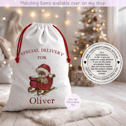 Personalised Teddy Bear on Santa sleigh Illustration Santa Sack. Christmas Sack - Christmas Bag - For kids- for him - for her- Toy Sack