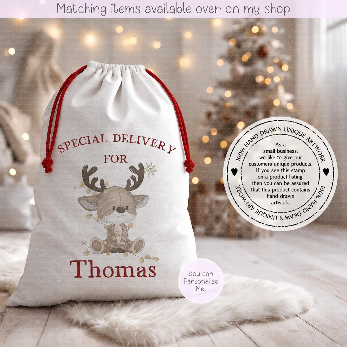 Christmas Reindeer Fairy Lights Santa Sack - Christmas Sack - 70 x 50 cm - custom name