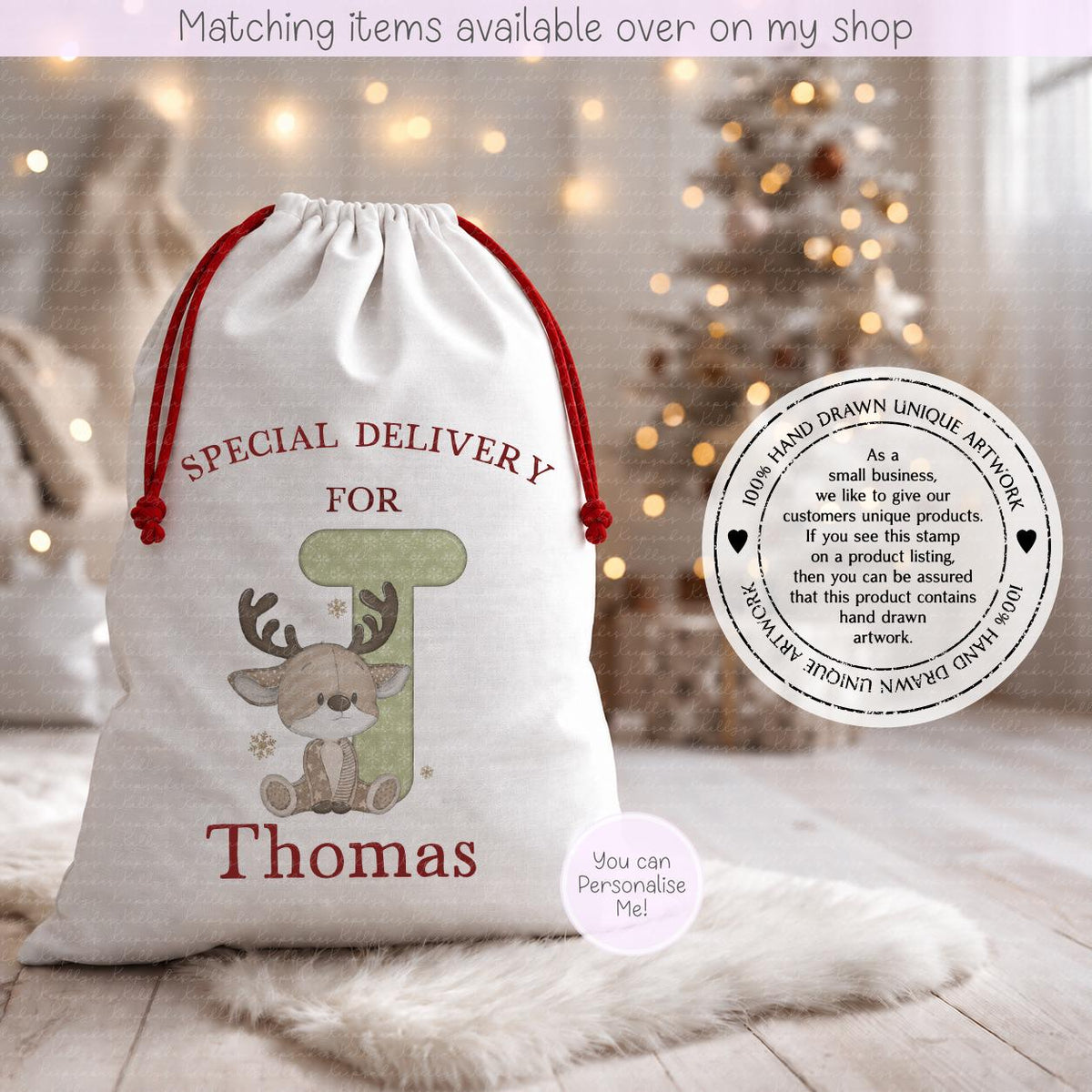 Christmas Reindeer Inital Fairy Lights Santa Sack - Christmas Sack - 70 x 50 cm - custom name