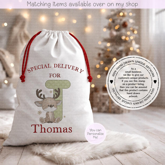 Christmas Reindeer Inital Fairy Lights Santa Sack - Christmas Sack - 70 x 50 cm - custom name