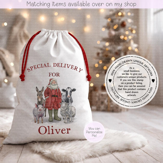 Personalised Christmas Farmer Christmas – Christmas on the farm | Stocking |Christmas Eve Sack| Custom Name Gift Bag - Santa Sack