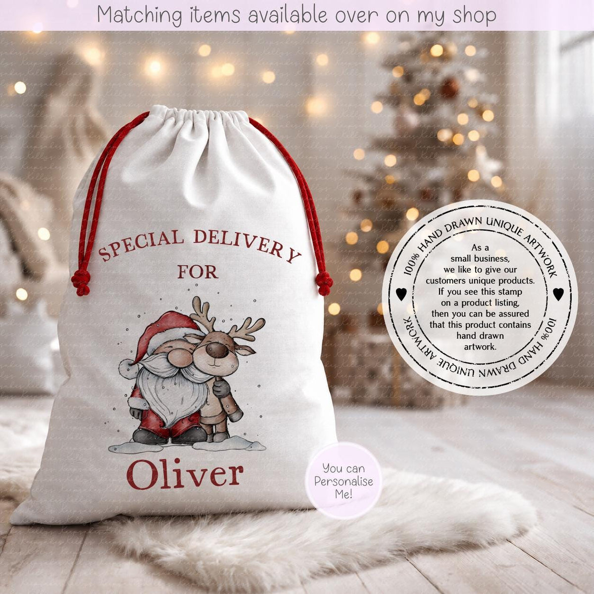 Personalised Cute Santa & Reindeer Illustration Santa Sack. Christmas Sack - Christmas Bag - For kids- for him - for her- Toy Sack