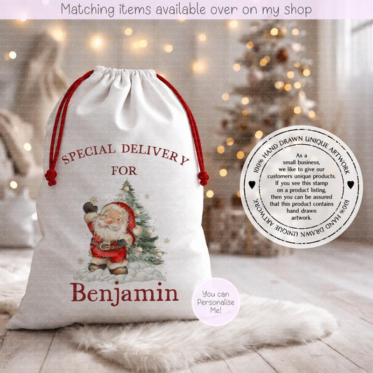 Personalised Cute Santa Illustration Santa Sack. Christmas Sack - Christmas Bag - For kids- for him - for her- Toy Sack