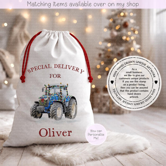Christmas Personalised Tractor Santa Sack - Christmas Sack - 70 x 50 cm - custom name