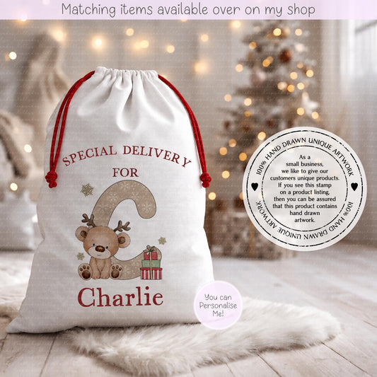 Reindeer Teddy Bear Personalised Santa Sack - Girl or Boy - Initial Christmas Sack