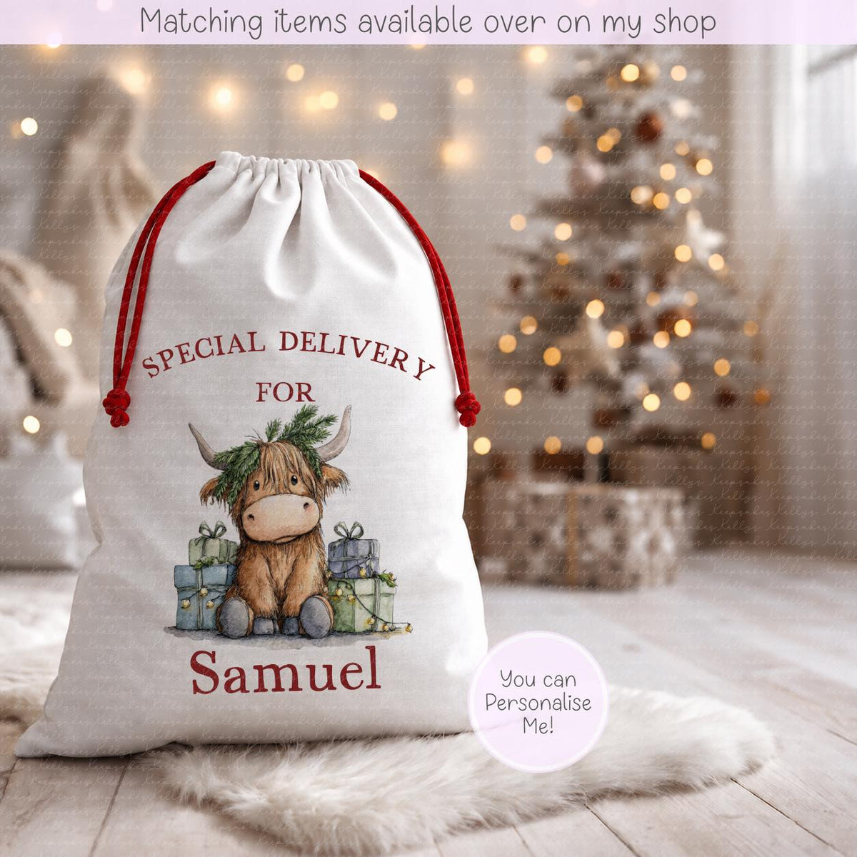 Personalised Highland Cow Christmas Sack | Cute Highland Design- 70 x 50cm | Custom Name Gift Bag - Santa Sack - Various Designs