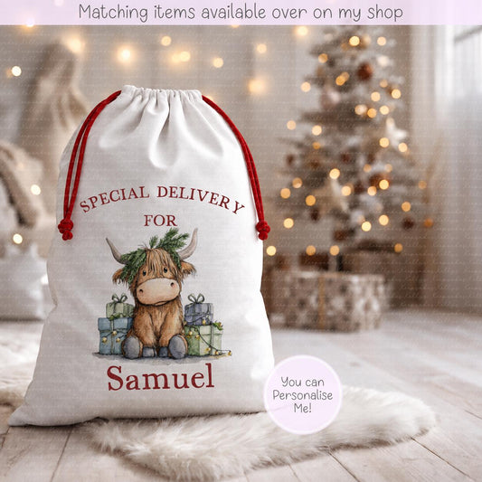 Personalised Highland Cow Christmas Sack | Cute Highland Design- 70 x 50cm | Custom Name Gift Bag - Santa Sack - Various Designs