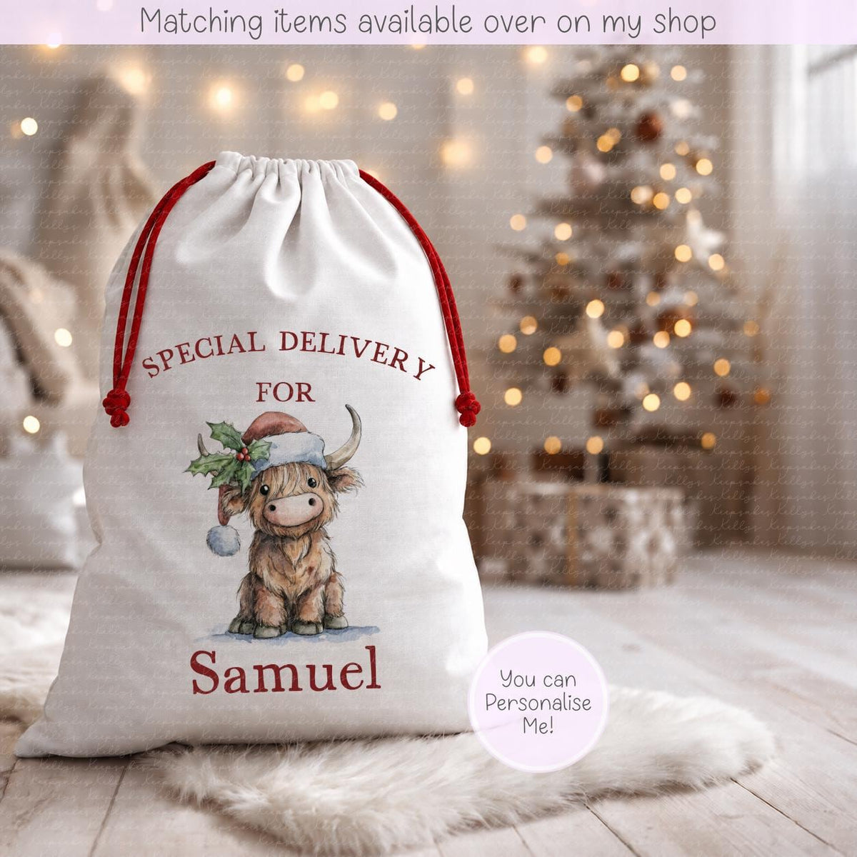 Personalised Highland Cow Christmas Sack | Cute Highland Design- 70 x 50cm | Custom Name Gift Bag - Santa Sack - Various Designs