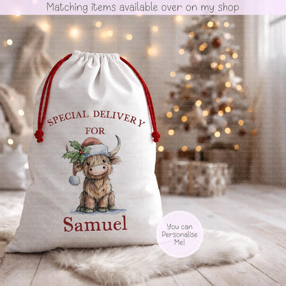 Personalised Highland Cow Christmas Sack | Cute Highland Design- 70 x 50cm | Custom Name Gift Bag - Santa Sack - Various Designs