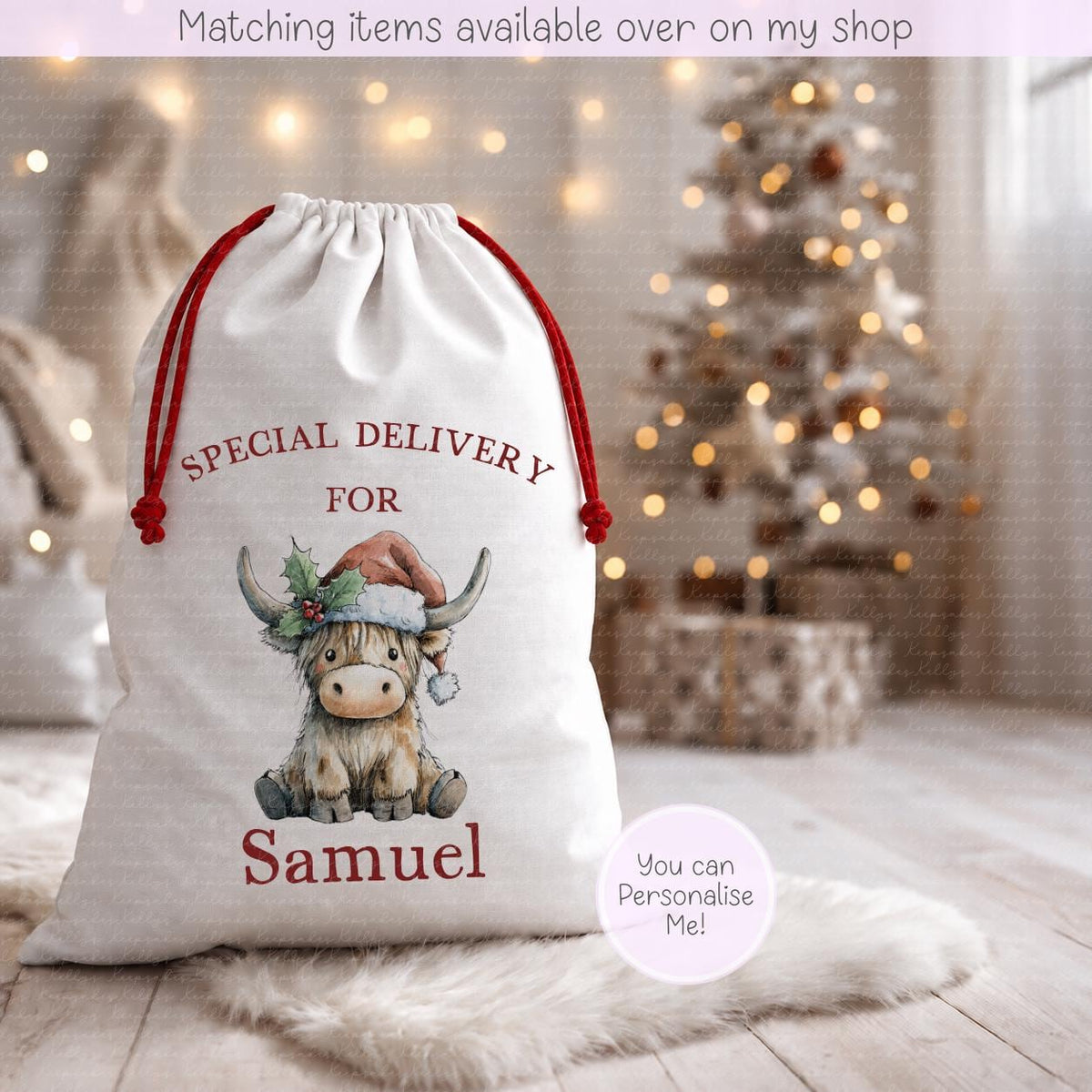 Personalised Highland Cow Christmas Sack | Cute Highland Design- 70 x 50cm | Custom Name Gift Bag - Santa Sack - Various Designs