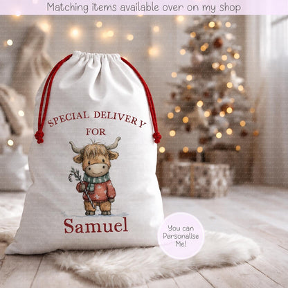 Personalised Highland Cow Christmas Sack | Cute Highland Design- 70 x 50cm | Custom Name Gift Bag - Santa Sack - Various Designs