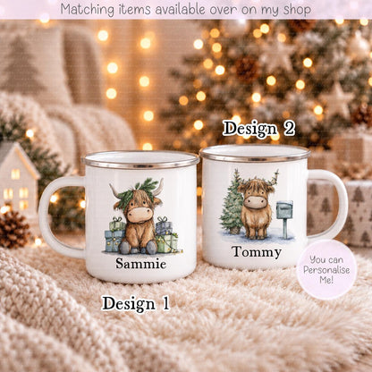 Christmas Cute Personalised Highland Cow Mugs - Enamel Mug - Kids Mug - Hot Chocolate Custom Mug - Stocking Filler
