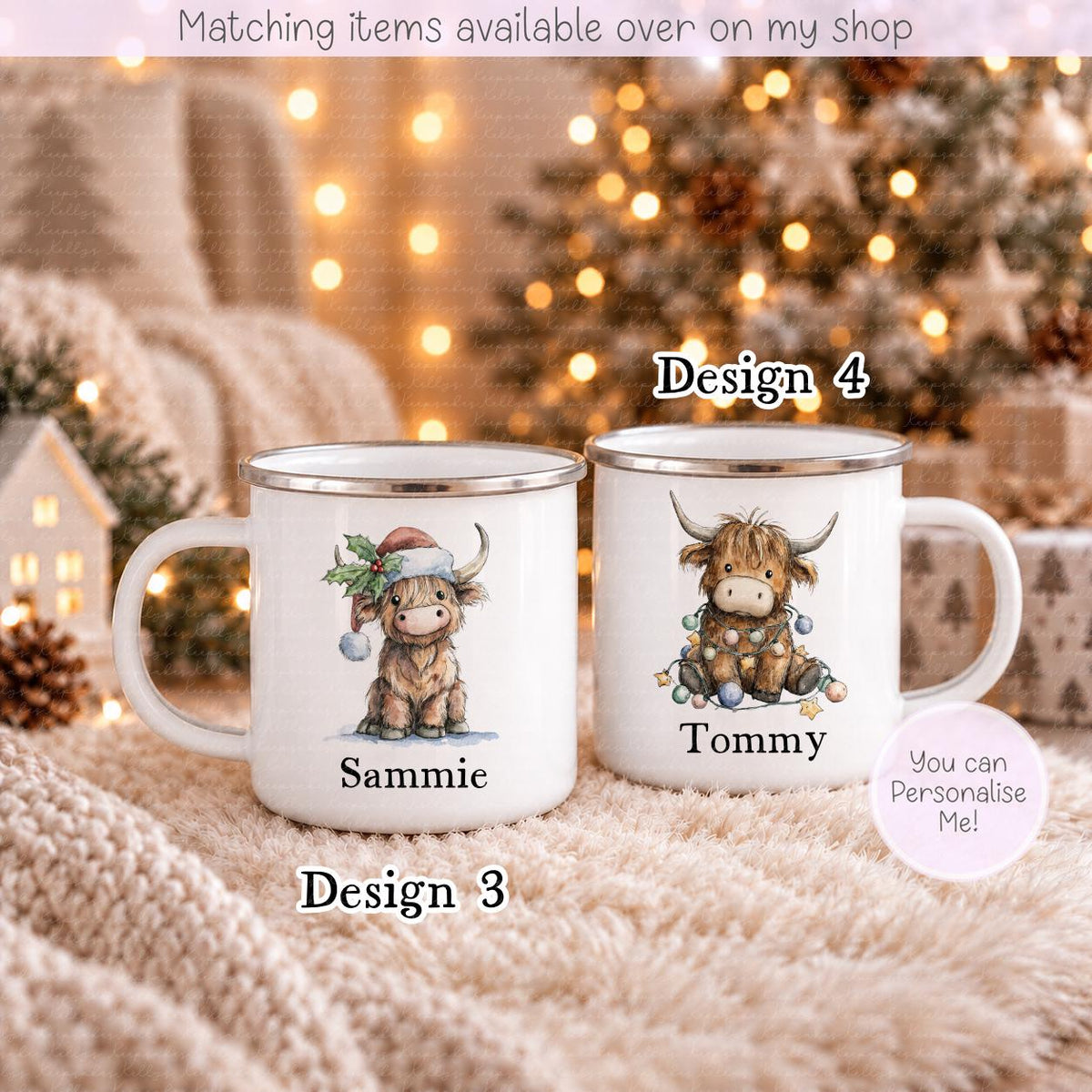Christmas Cute Personalised Highland Cow Mugs - Enamel Mug - Kids Mug - Hot Chocolate Custom Mug - Stocking Filler