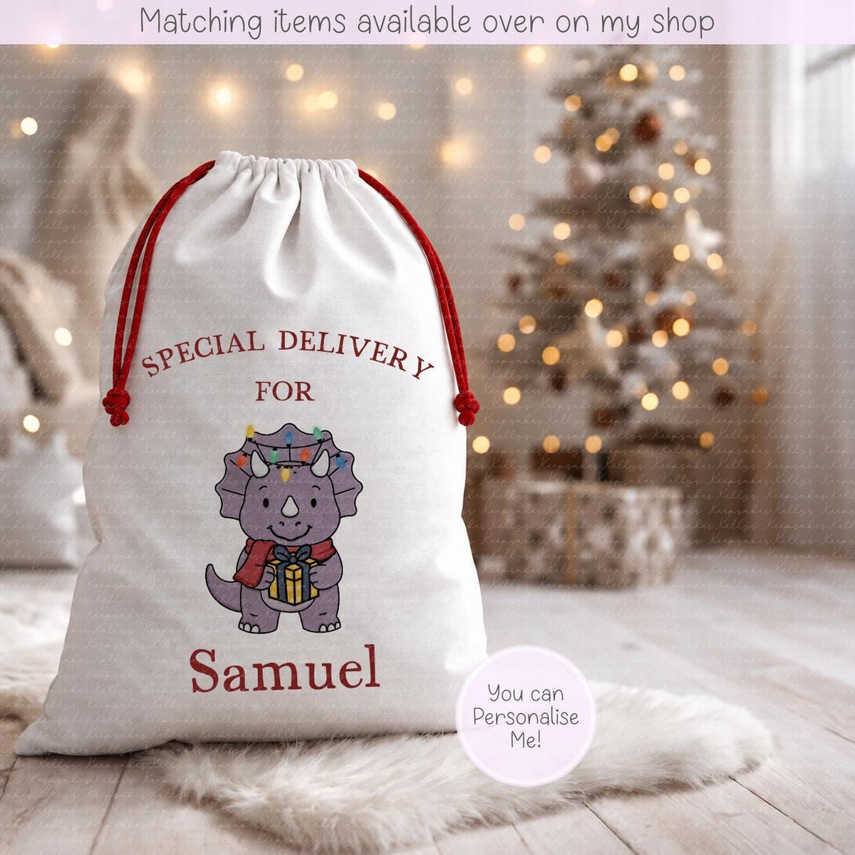 Christmas Personalised Dinosaur Santa Sack - Christmas Sack - 70 x 50 cm - custom name