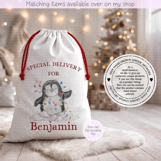 Personalised Penguin Santa Sack. Christmas Sack - Christmas Bag - For kids- for him - for her- Toy Sack