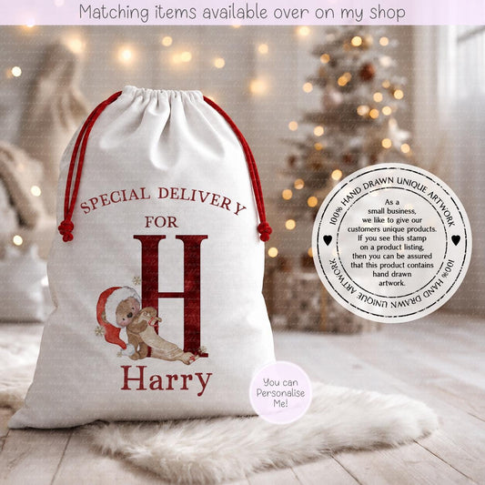 Personalised Christmas Sack – Teddy Bear Elf and Festive Santa Hat Designs | 70 x 50cm | Custom Name Gift Bag - Santa Sack