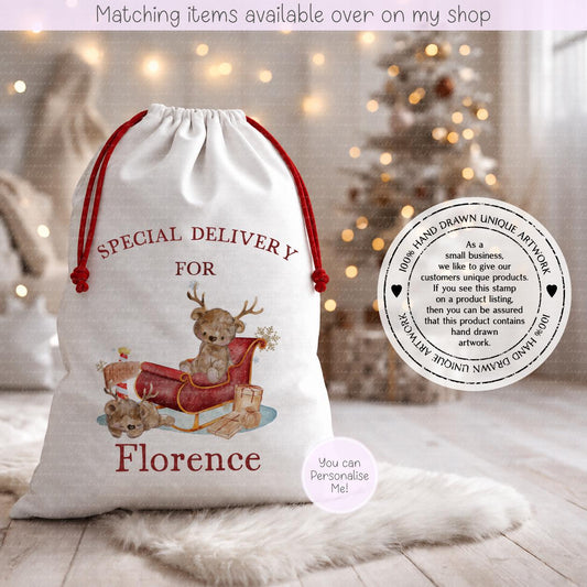 Personalised Christmas Sack – Reindeer Teddy Bear in Sleigh Designs | 70 x 50cm | Custom Name Gift Bag - Santa Sack