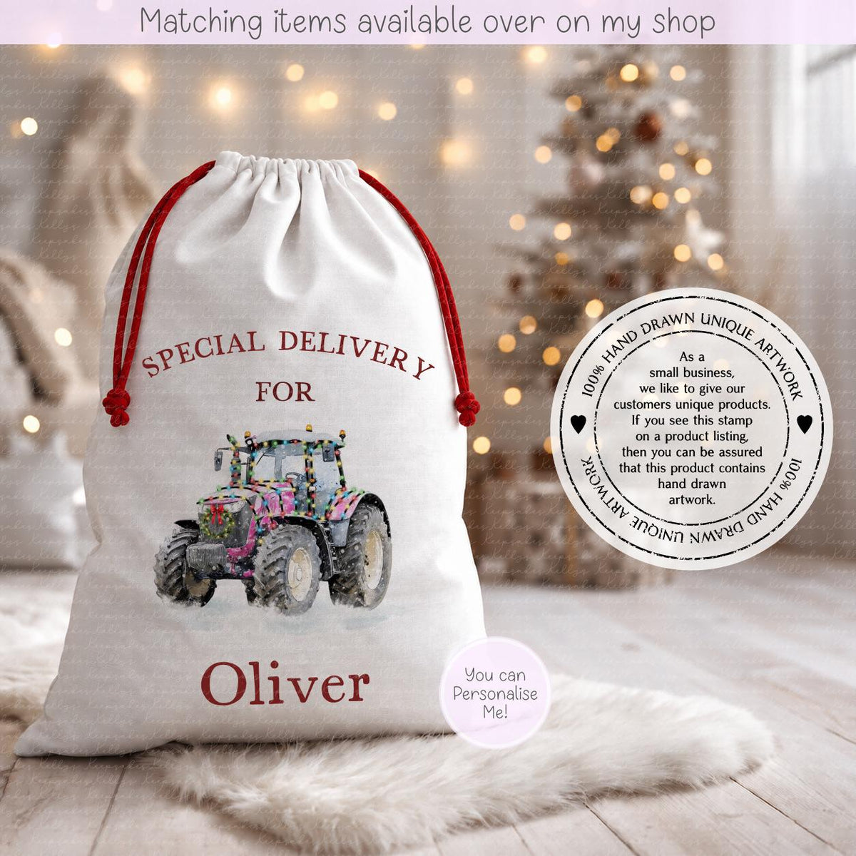 Personalised Festive Tractor Christmas Sack – Snowy Hand drawn Tractor Design | 70 x 50cm | Custom Name Gift Bag - Santa Sack