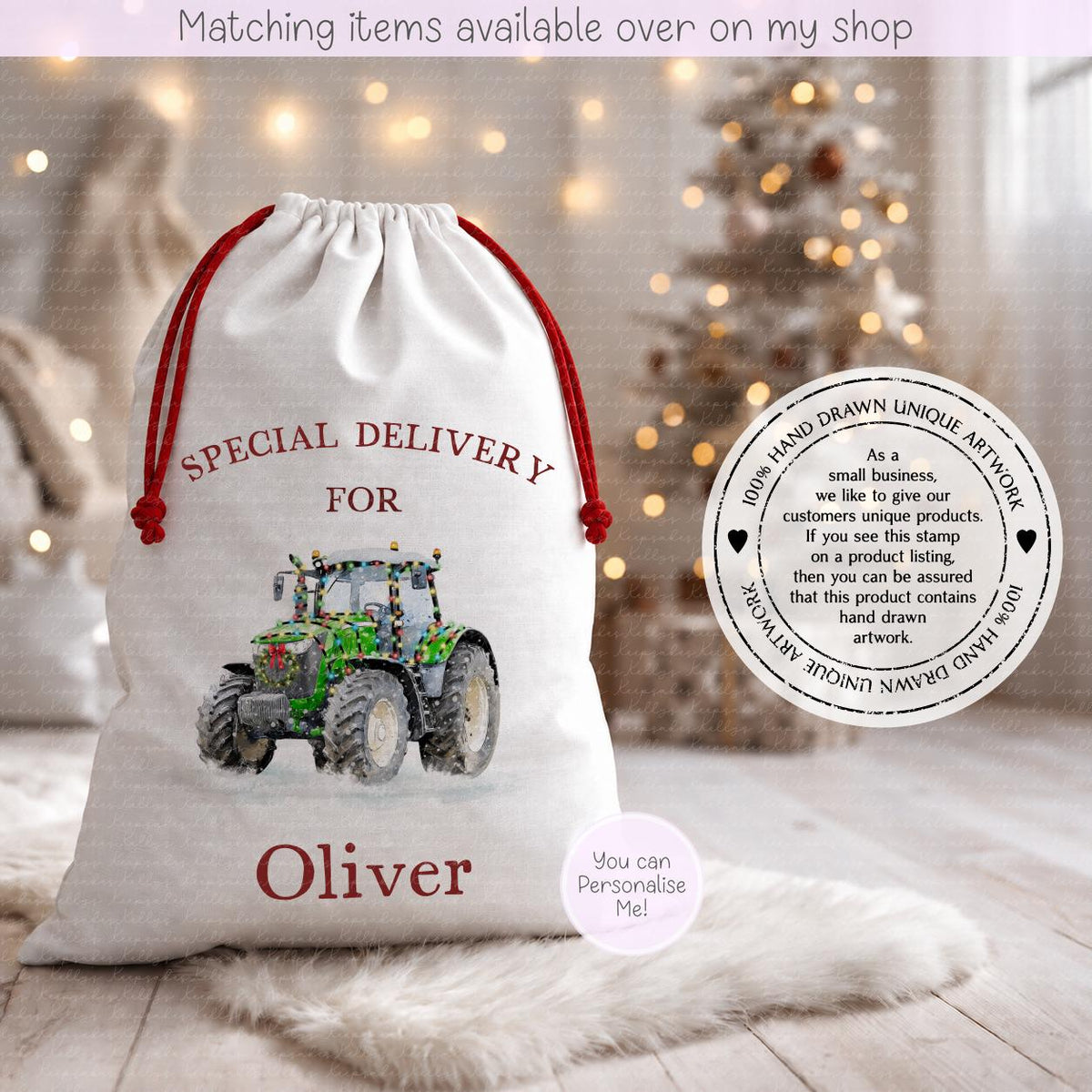 Personalised Festive Tractor Christmas Sack – Snowy Hand drawn Tractor Design | 70 x 50cm | Custom Name Gift Bag - Santa Sack