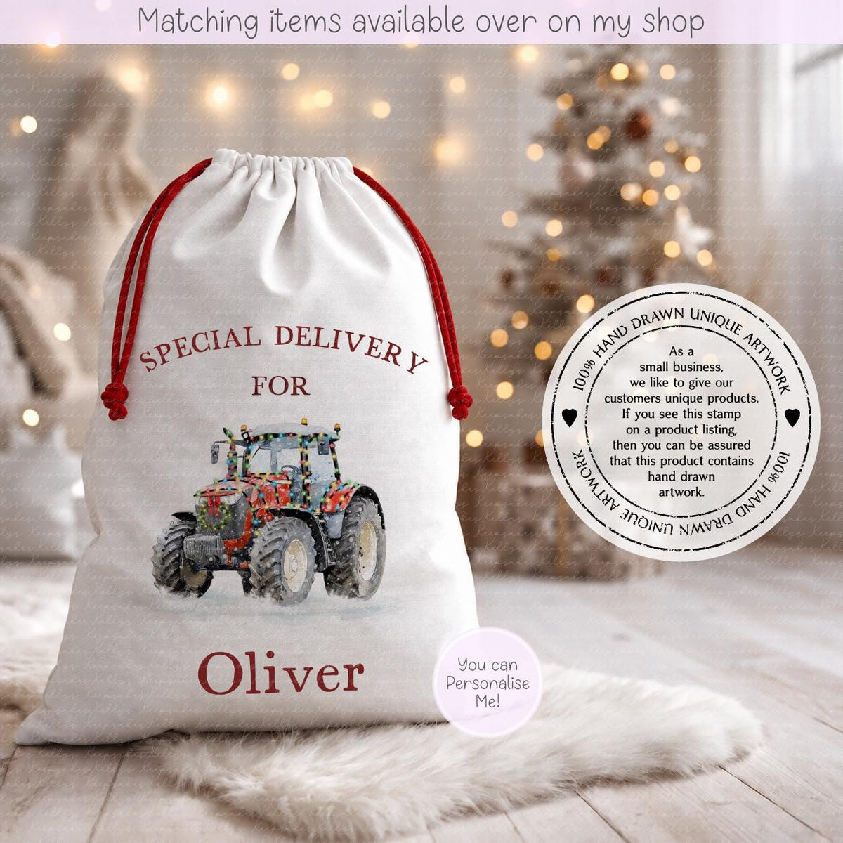 Personalised Festive Tractor Christmas Sack – Snowy Hand drawn Tractor Design | 70 x 50cm | Custom Name Gift Bag - Santa Sack