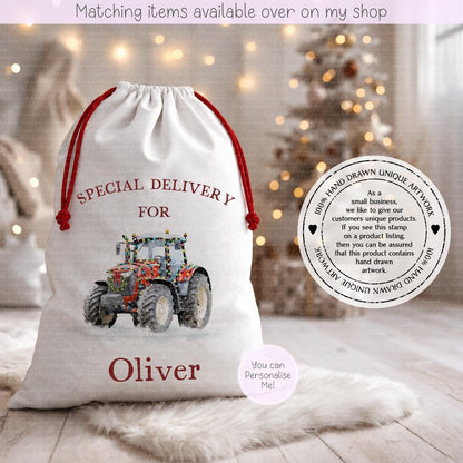 Personalised Festive Tractor Christmas Sack – Snowy Hand drawn Tractor Design | 70 x 50cm | Custom Name Gift Bag - Santa Sack