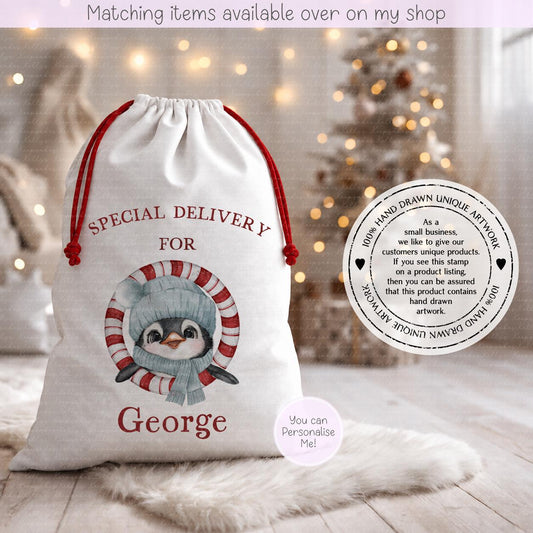 Personalised Penguin Santa Sack – 50x70cm | Custom Penguin Christmas Bag | Choose Colour & Font | Christmas Gift Bag for Kids