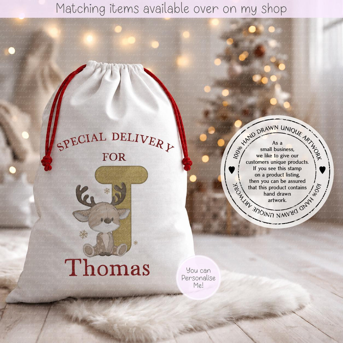 Christmas Reindeer Inital Fairy Lights Santa Sack - Christmas Sack - 70 x 50 cm - custom name