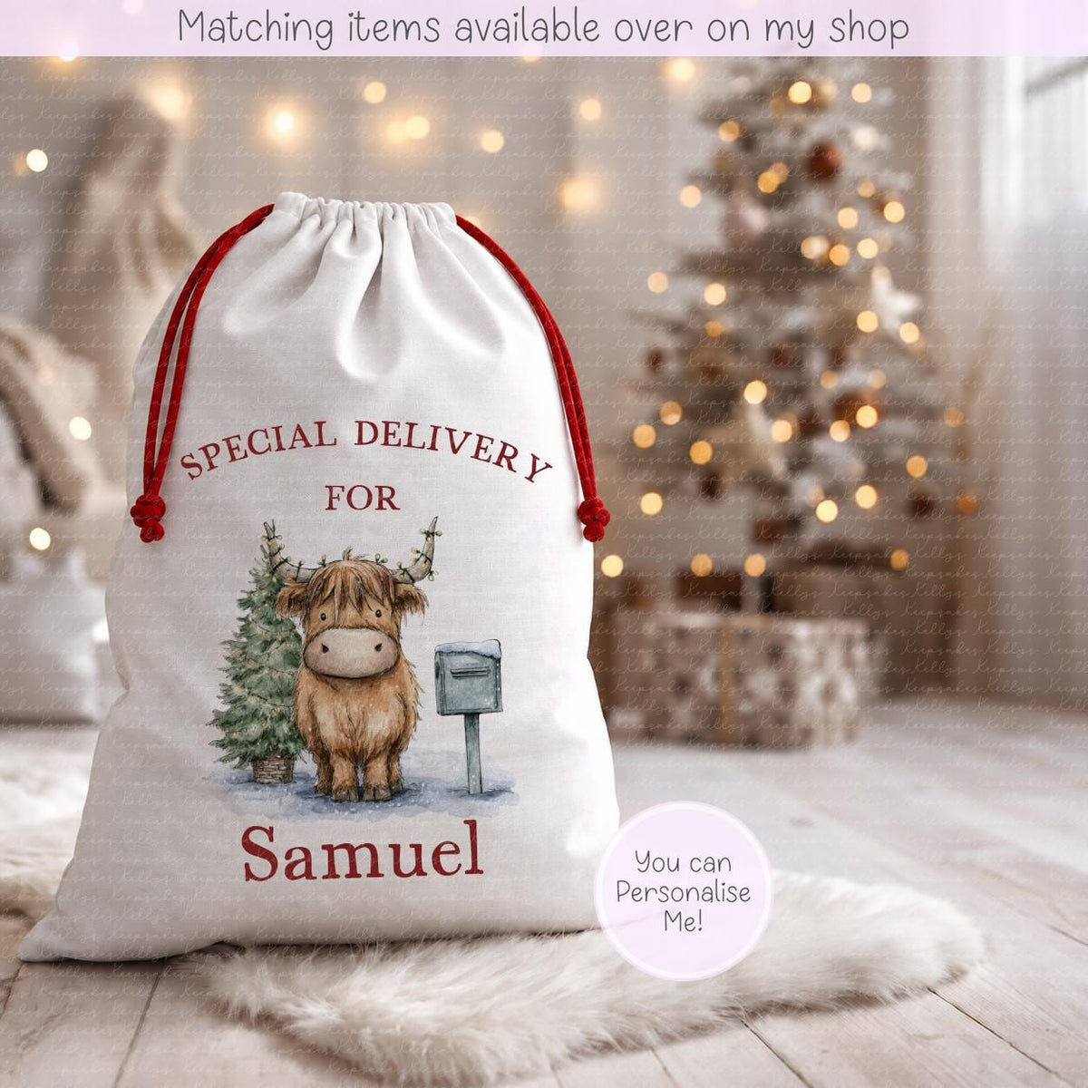 Personalised Highland Cow Christmas Sack | Cute Highland Design- 70 x 50cm | Custom Name Gift Bag - Santa Sack - Various Designs