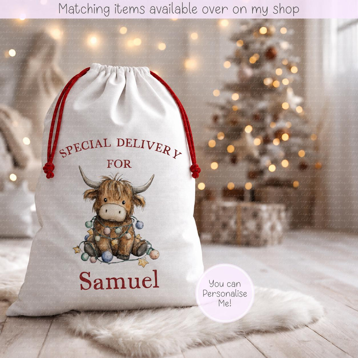 Personalised Highland Cow Christmas Sack | Cute Highland Design- 70 x 50cm | Custom Name Gift Bag - Santa Sack - Various Designs