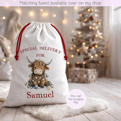 Personalised Highland Cow Christmas Sack | Cute Highland Design- 70 x 50cm | Custom Name Gift Bag - Santa Sack - Various Designs