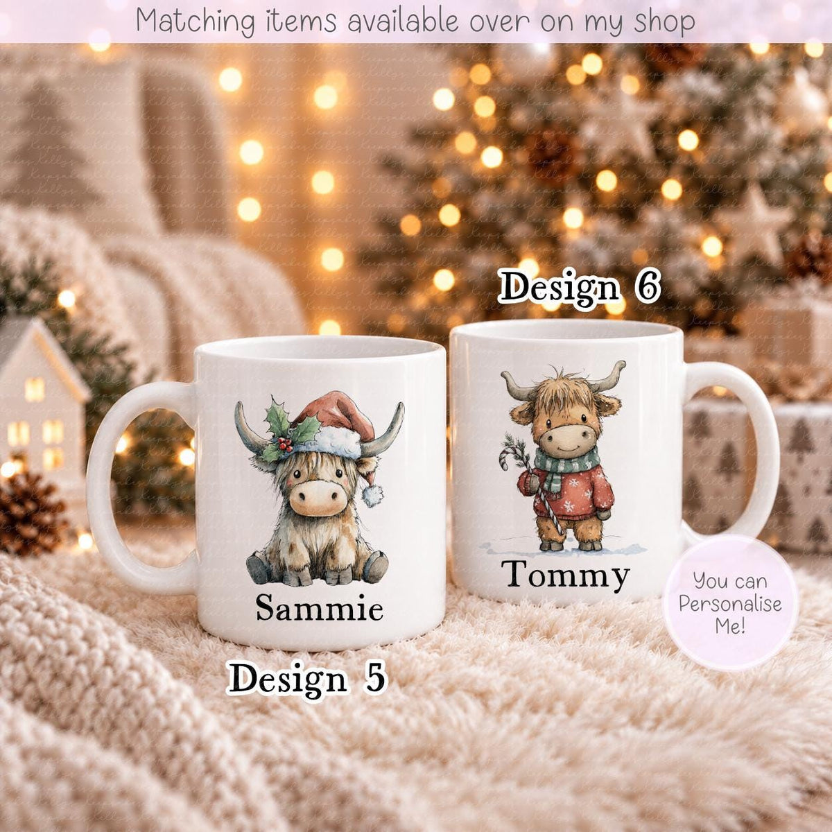 Christmas Cute Personalised Highland Cow Mugs - Enamel Mug - Kids Mug - Hot Chocolate Custom Mug - Stocking Filler