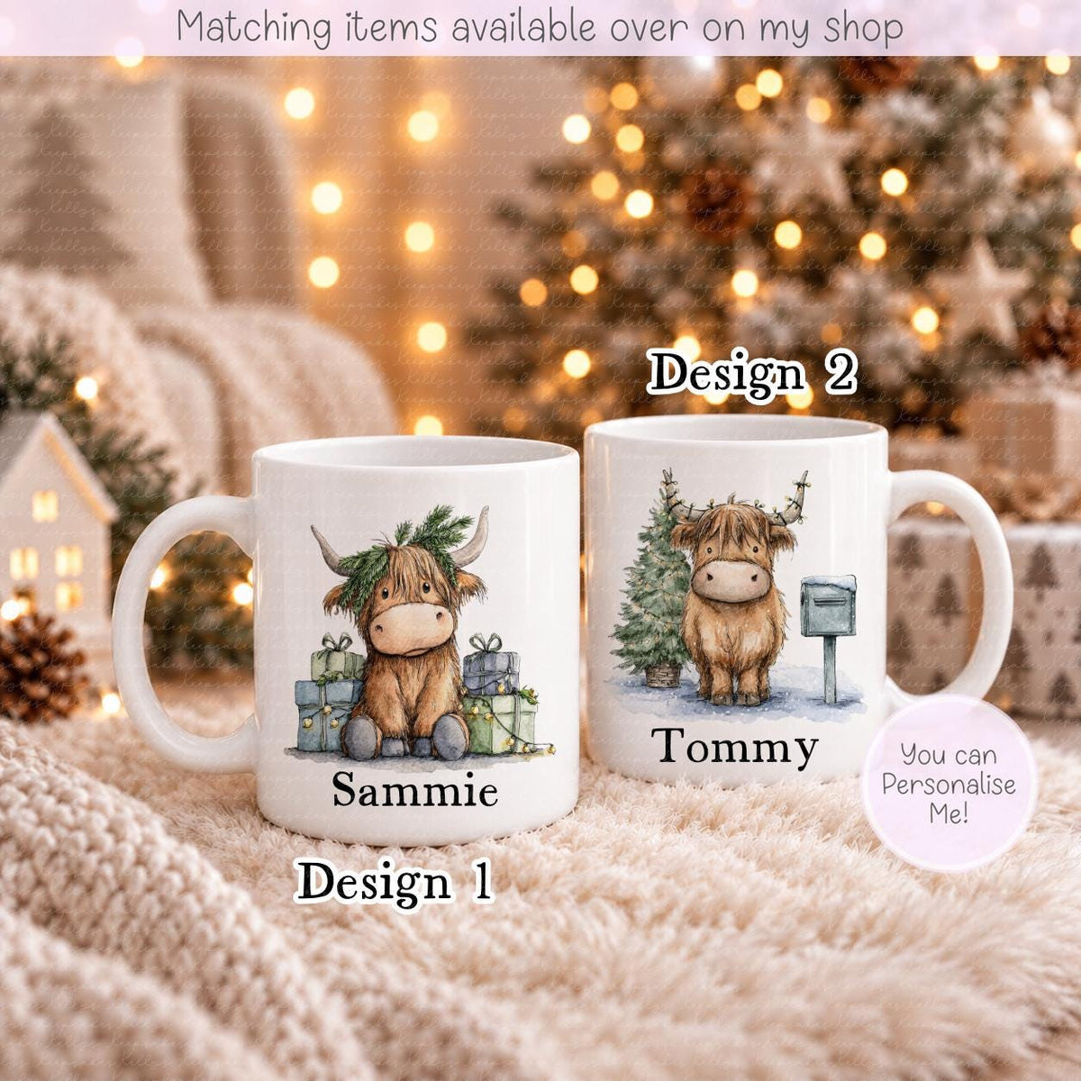 Christmas Cute Personalised Highland Cow Mugs - Enamel Mug - Kids Mug - Hot Chocolate Custom Mug - Stocking Filler