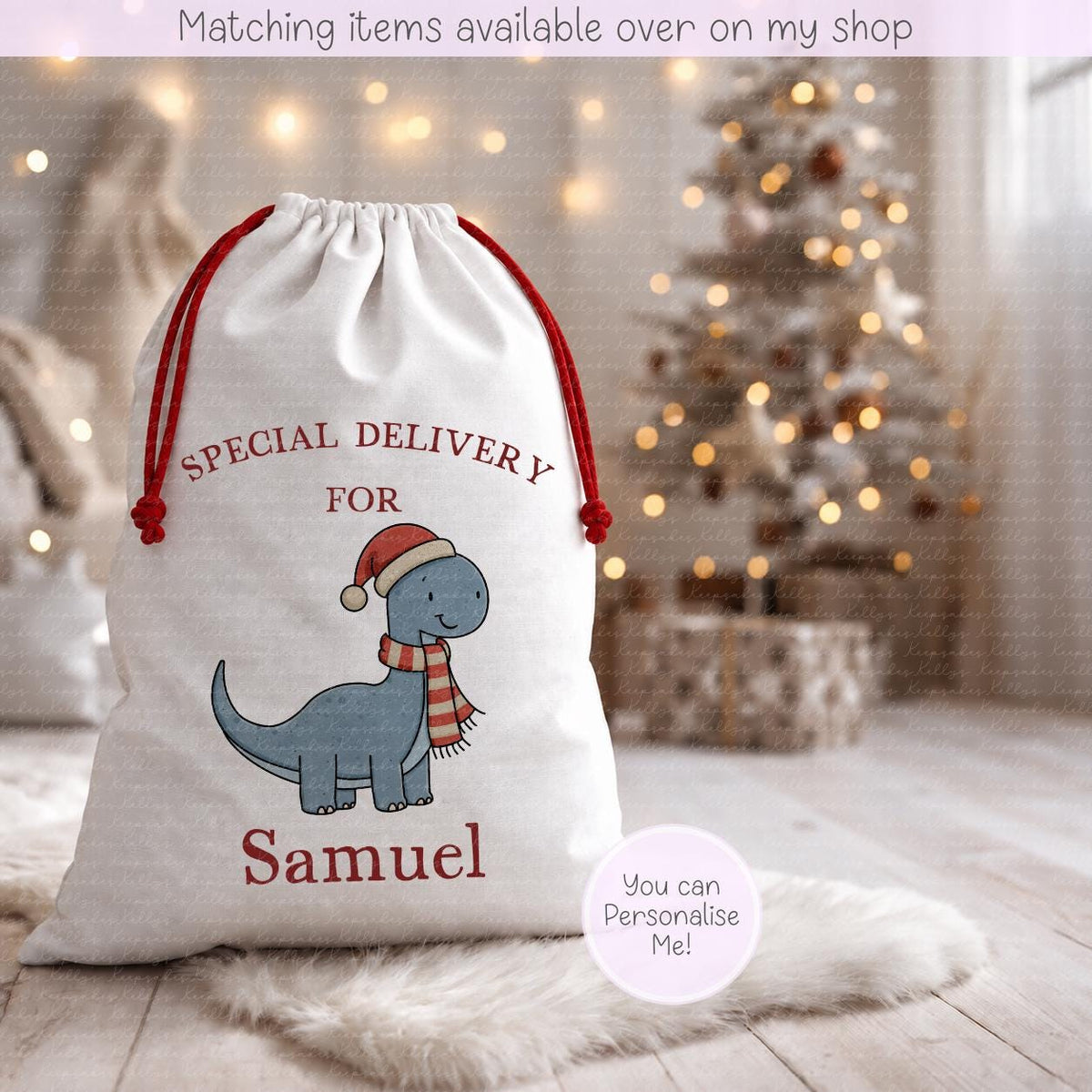 Christmas Personalised Dinosaur Santa Sack - Christmas Sack - 70 x 50 cm - custom name
