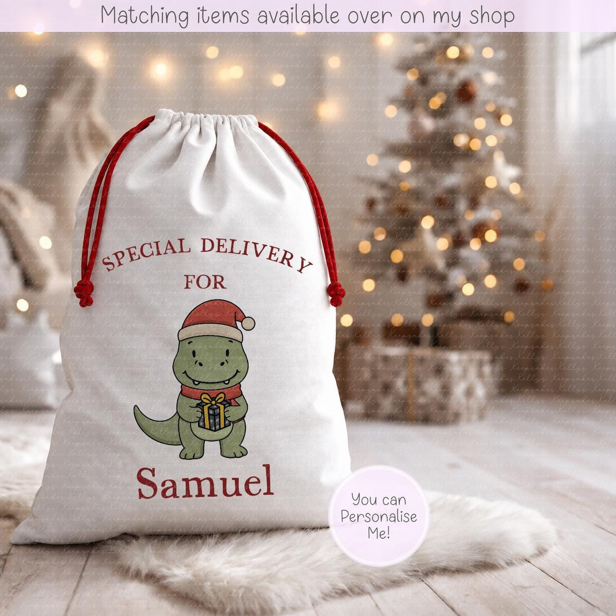 Christmas Personalised Dinosaur Santa Sack - Christmas Sack - 70 x 50 cm - custom name