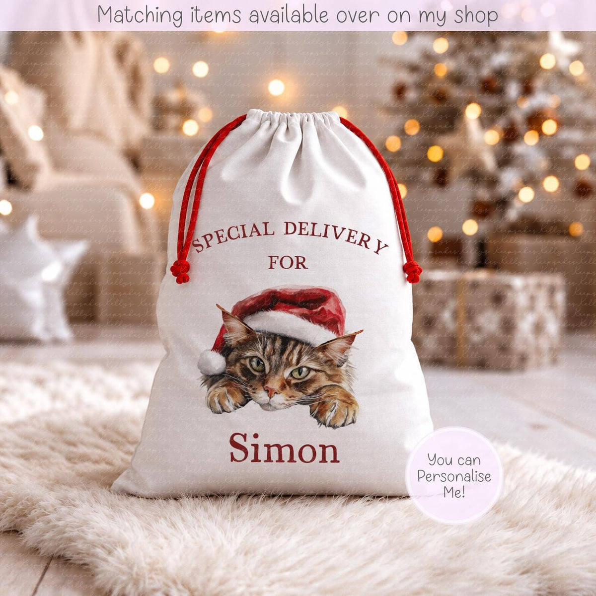 Personalised Cat Santa Present Sack- Treat Sack- Christmas Sack- For The Cat - Santa Sack