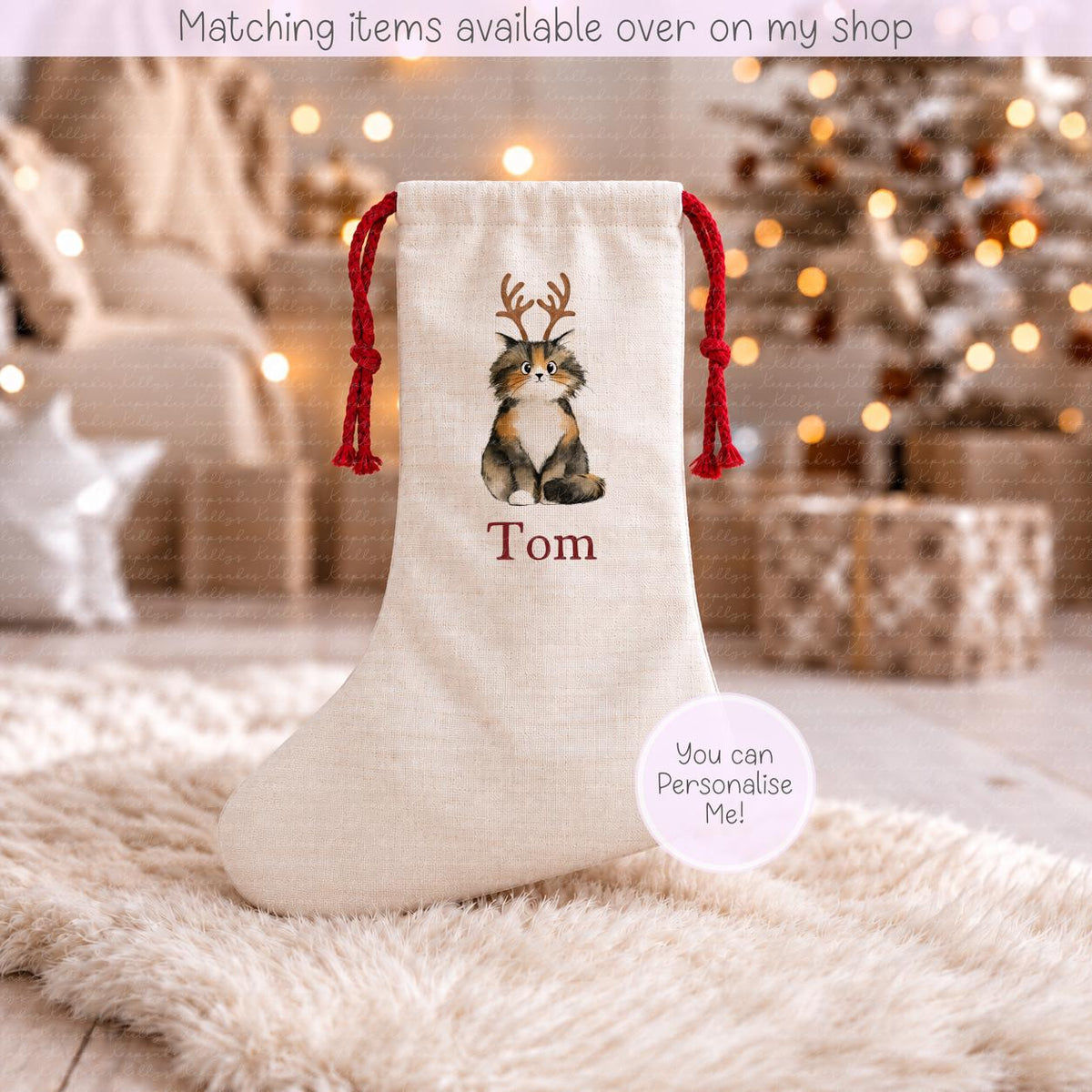 Personalised Cartoon Cat illustration Pet Stocking - Christmas Stocking for pets - various breeds and colours - custom Santa sack for pets