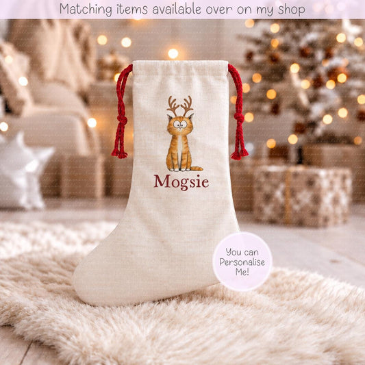 Personalised Cartoon Cat illustration Pet Stocking - Christmas Stocking for pets - various breeds and colours - custom Santa sack for pets