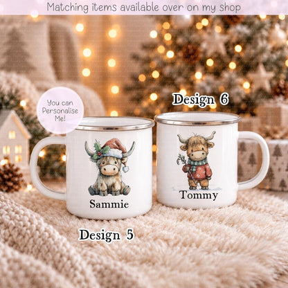Christmas Cute Personalised Highland Cow Mugs - Enamel Mug - Kids Mug - Hot Chocolate Custom Mug - Stocking Filler