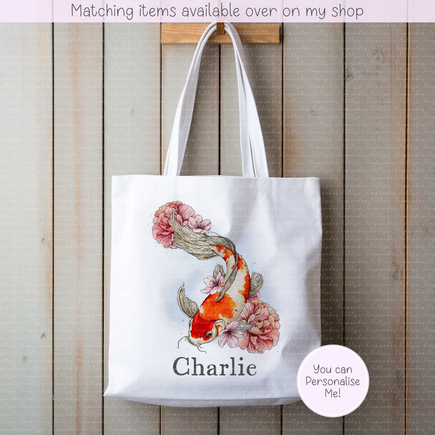 Koi carp personalised tote bag - hand-drawn fish custom bag - Koi shopping bag- fish gift for him - gift for her