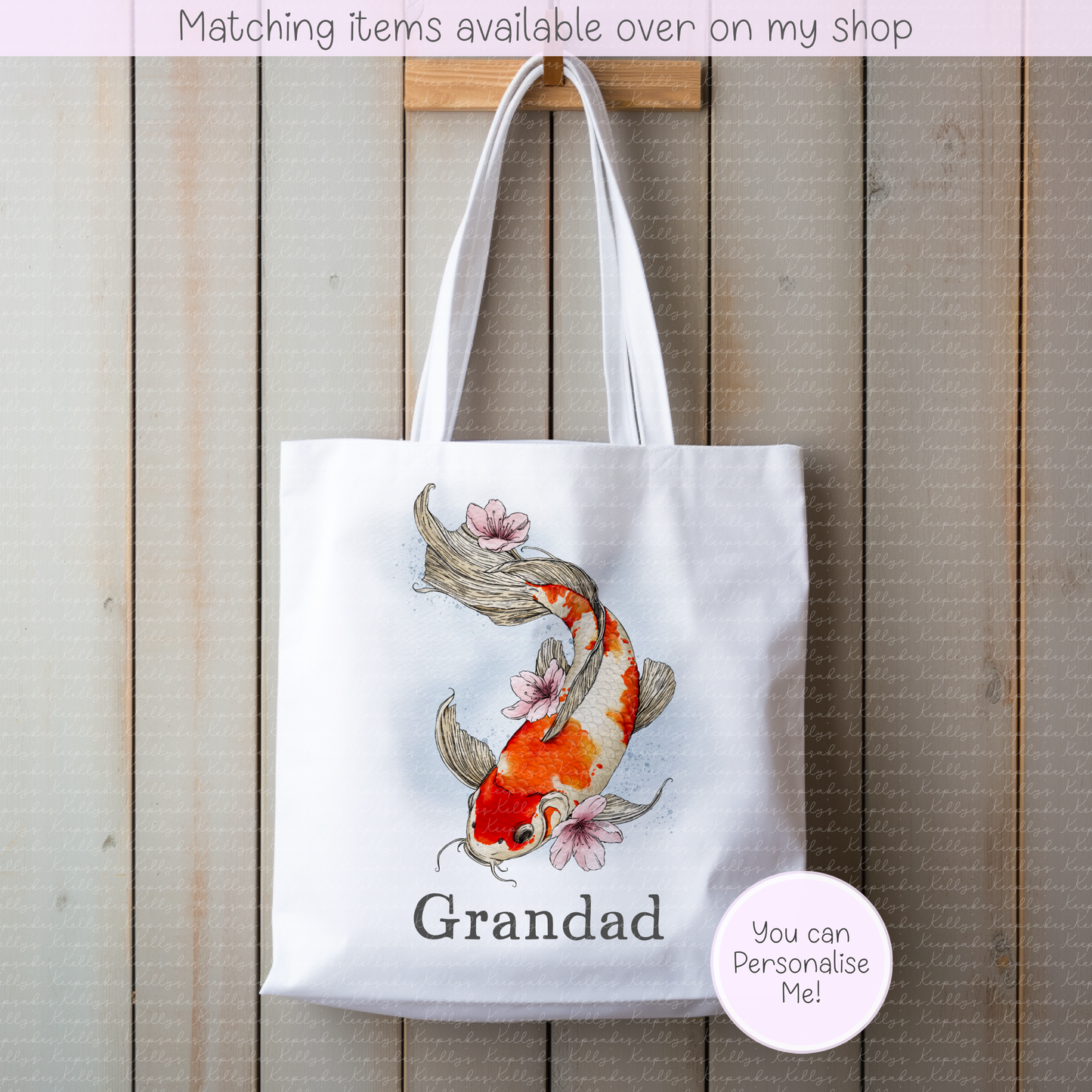 Koi carp personalised tote bag - hand-drawn fish custom bag - Koi shopping bag- fish gift for him - gift for her
