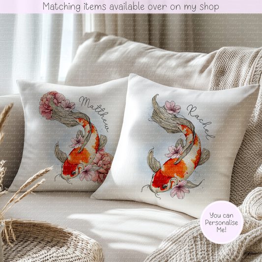 Koi Carp personalised velvet cushion - custom hand drawn fish cushion - various colours - fish lover - gift for him - gift for her