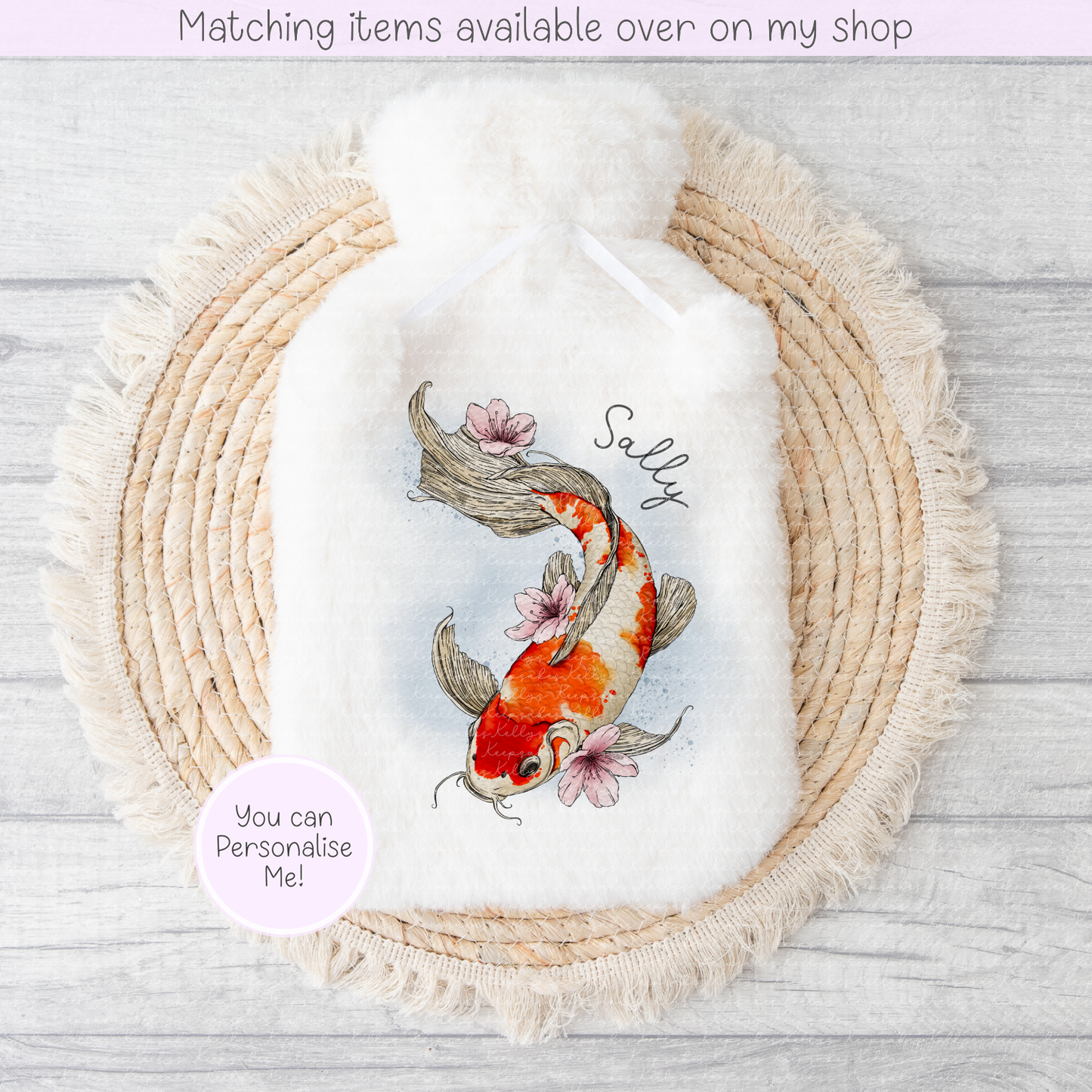 Koi Carp personalised Fluffy Hot Water Bottle - hand drawn fish custom gift - gift for her - gift for him - keeping cosy